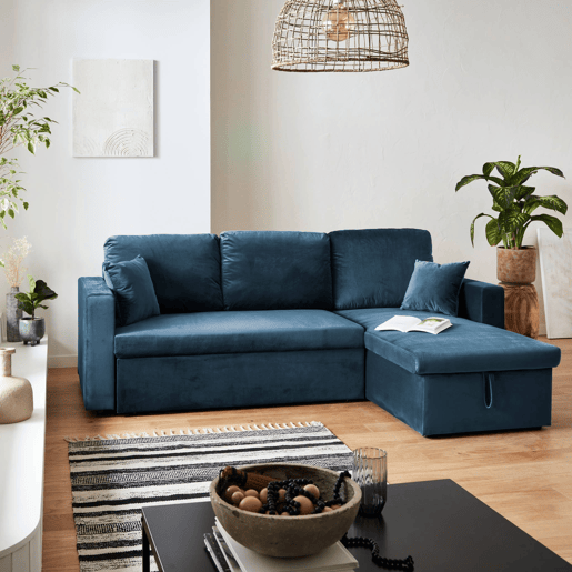 Sofá-cama de canto conversível em veludo de 3 lugares, Ida veludo, Azul, 219x147x68 cm