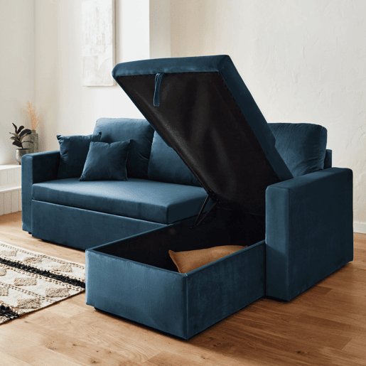 Sofá-cama de canto conversível em veludo de 3 lugares, Ida veludo, Azul, 219x147x68 cm