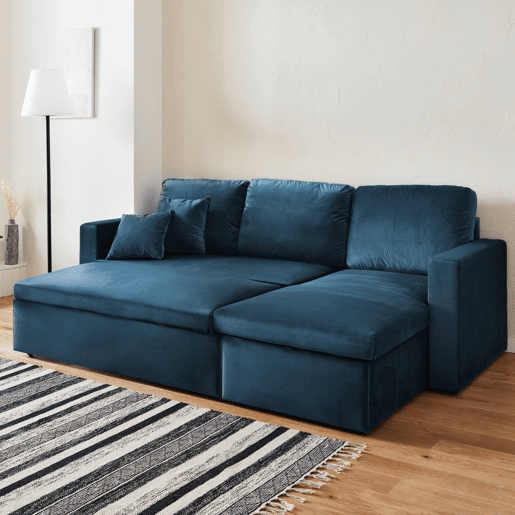 Sofá-cama de canto conversível em veludo de 3 lugares, Ida veludo, Azul, 219x147x68 cm