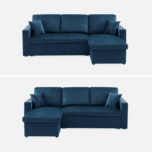 Sofá-cama de canto conversível em veludo de 3 lugares, Ida veludo, Azul, 219x147x68 cm