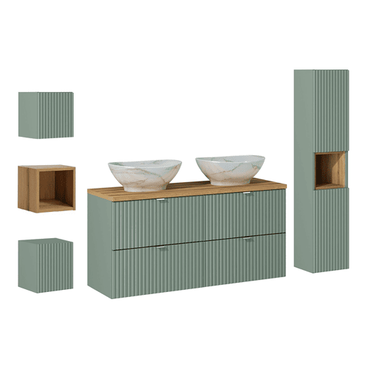 Móvel de lavatório duplo 120cm 4 gavetas móvel alto e 3 móveis de parede Verde Jade e Madeira