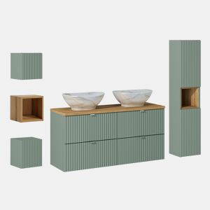Móvel de lavatório duplo 120cm 4 gavetas móvel alto e 3 móveis de parede Verde Jade e Madeira
