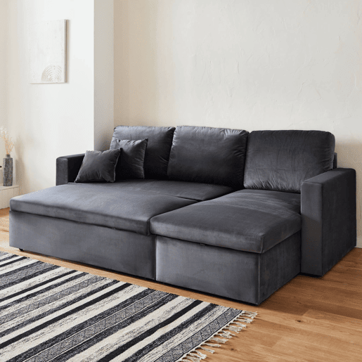 Sofá-cama de canto conversível em veludo de 3 lugares, Ida veludo, Cinza escuro, 219x147x68 cm