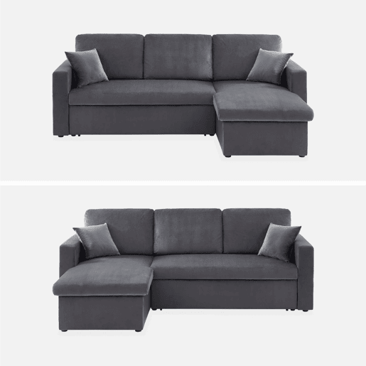 Sofá-cama de canto conversível em veludo de 3 lugares, Ida veludo, Cinza escuro, 219x147x68 cm