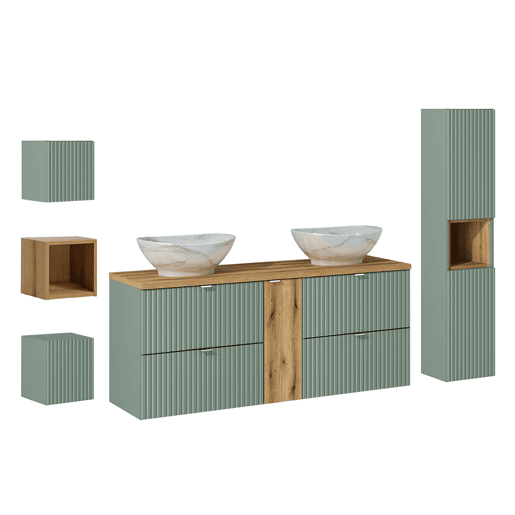 Móvel de lavatório duplo 140cm 4 gavetas móvel alto e 3 móveis de parede Verde Jade e Madeira