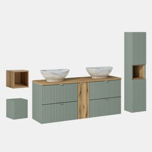 Móvel de lavatório duplo 140cm 4 gavetas móvel alto e 3 móveis de parede Verde Jade e Madeira