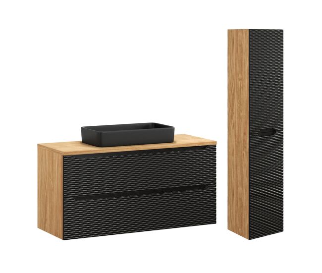 Conjunto de muebles con lavabo individual 120cm 2 cajones y columna elora negro y madera