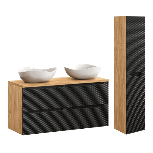 Conjunto móvel lavatório duplo 120cm 4 gavetas e coluna Elora Preto e madeira Cloud