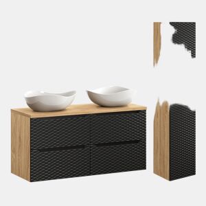 Conjunto móvel lavatório duplo 120cm 4 gavetas e coluna Elora Preto e madeira Cloud
