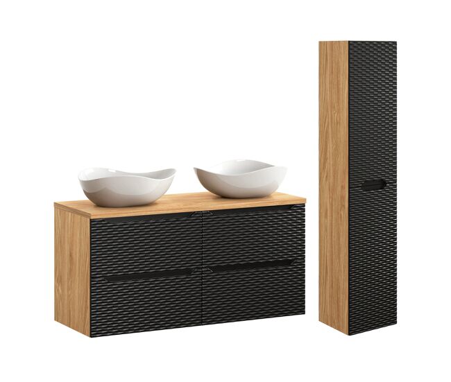 Conjunto de muebles con doble lavabo 120cm 4 cajones y columna elora negro y madera cloud