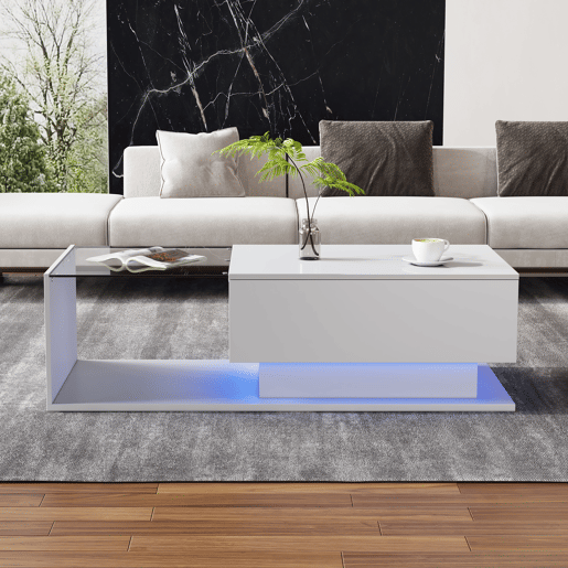 Mesa de centro retangular de painel de partÃculas com 1 gaveta e luz LED,branco Mesa de centro retangular de painel de partÃculas com 1 gaveta e luz LED,branco