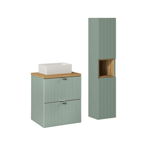 Conjunto móvel lavatório simples 50cm 2 gavetas e coluna Verde Jade e Madeira