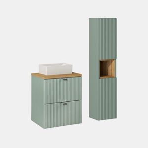Conjunto móvel lavatório simples 50cm 2 gavetas e coluna Verde Jade e Madeira