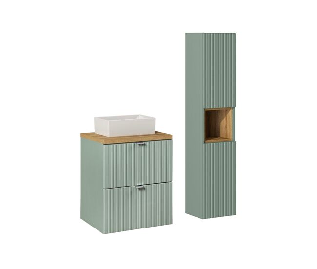 Conjunto de muebles lavabo individual 50cm 2 cajones y columna jade verde y madera