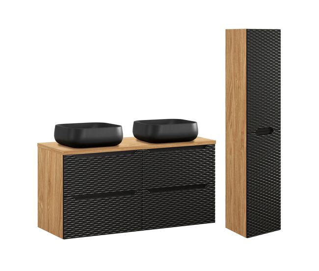 Conjunto de muebles con doble lavabo 120cm 4 cajones y columna elora negro y madera