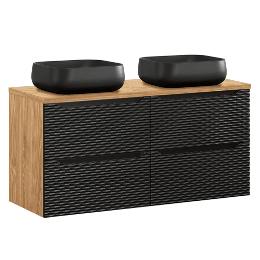 Conjunto móvel lavatório duplo 120cm 4 gavetas e coluna Elora Preto e madeira