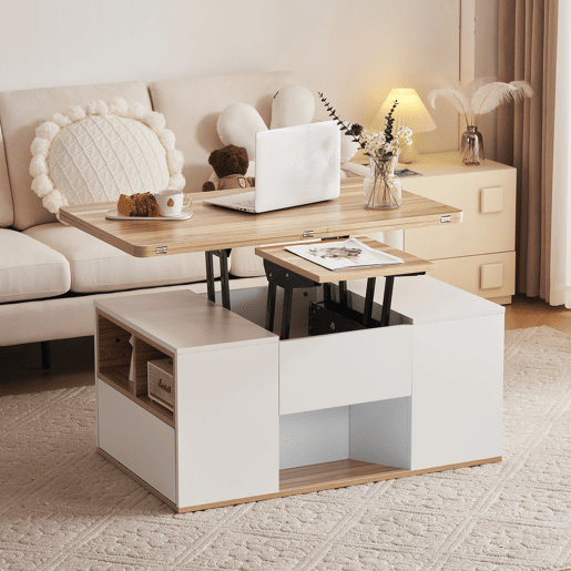 Mesa de centro elevável retangular de painel de partículas com 2 gavetas,branco+madeira Mesa de centro elevável retangular de painel de partículas com 2 gavetas,branco+madeira