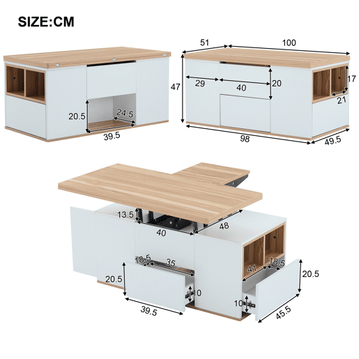 Mesa de centro elevável retangular de painel de partículas com 2 gavetas,branco+madeira Mesa de centro elevável retangular de painel de partículas com 2 gavetas,branco+madeira