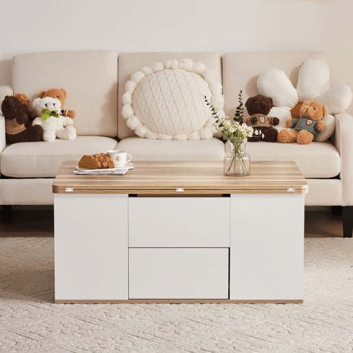 Mesa de centro elevável retangular de painel de partículas com 2 gavetas,branco+madeira Mesa de centro elevável retangular de painel de partículas com 2 gavetas,branco+madeira
