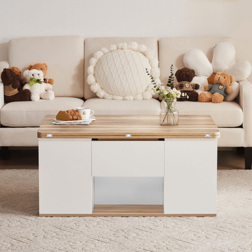 Mesa de centro elevável retangular de painel de partículas com 2 gavetas,branco+madeira Mesa de centro elevável retangular de painel de partículas com 2 gavetas,branco+madeira