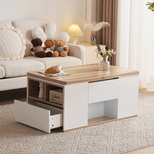 Mesa de centro elevável retangular de painel de partículas com 2 gavetas,branco+madeira Mesa de centro elevável retangular de painel de partículas com 2 gavetas,branco+madeira