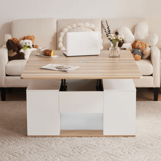Mesa de centro elevável retangular de painel de partículas com 2 gavetas,branco+madeira Mesa de centro elevável retangular de painel de partículas com 2 gavetas,branco+madeira