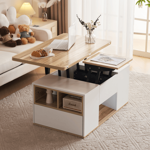 Mesa de centro elevável retangular de painel de partículas com 2 gavetas,branco+madeira Mesa de centro elevável retangular de painel de partículas com 2 gavetas,branco+madeira
