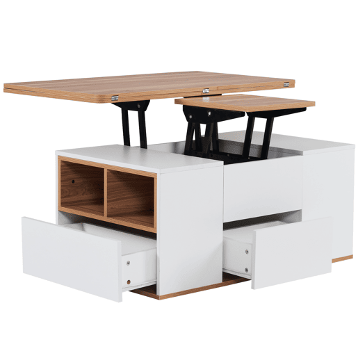 Mesa de centro elevável retangular de painel de partículas com 2 gavetas,branco+madeira Mesa de centro elevável retangular de painel de partículas com 2 gavetas,branco+madeira