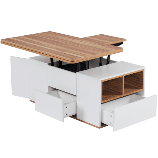 Mesa de centro elevável retangular de painel de partículas com 2 gavetas,branco+madeira Mesa de centro elevável retangular de painel de partículas com 2 gavetas,branco+madeira