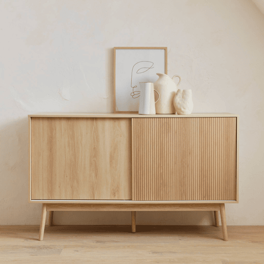 Aparador escandinavo de 2 portas com efeito de madeira, 150cm, Linear, Natural, 150x39.5x90 cm