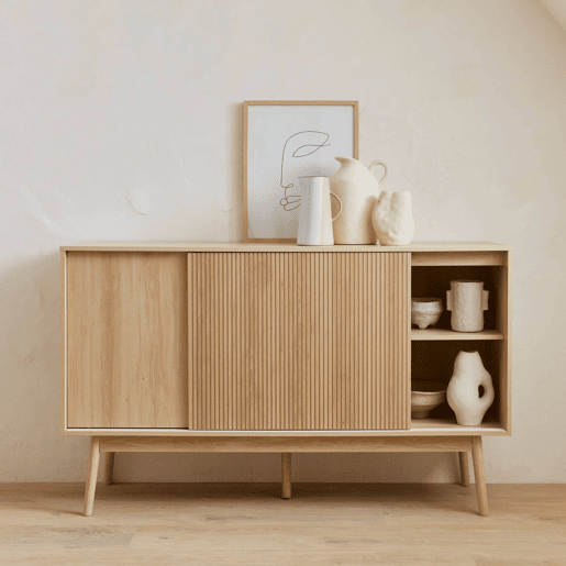 Aparador escandinavo de 2 portas com efeito de madeira, 150cm, Linear, Natural, 150x39.5x90 cm