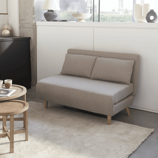 Sofá-cama em tecido, pernas de madeira de 2 lugares, Guesta, Beige, 120x89x80 cm