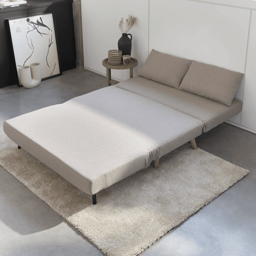 Sofá-cama em tecido, pernas de madeira de 2 lugares, Guesta, Beige, 120x89x80 cm