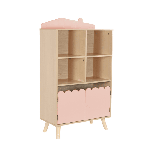 Estante de livros para crianças, 2 portas e 4 prateleiras, Azur, Rosa, 60x30x104.5 cm