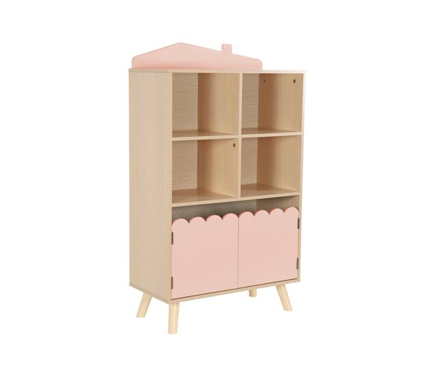 Biblioteca infantil madera de pino 2 puertas 4 estantes, azur, rosa, 60x30x104.5 cm