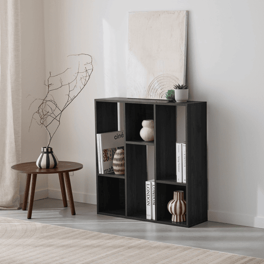 Estante de 3 prateleiras com 6 compartimentos, Pieter, Preto, 83x23x80 cm