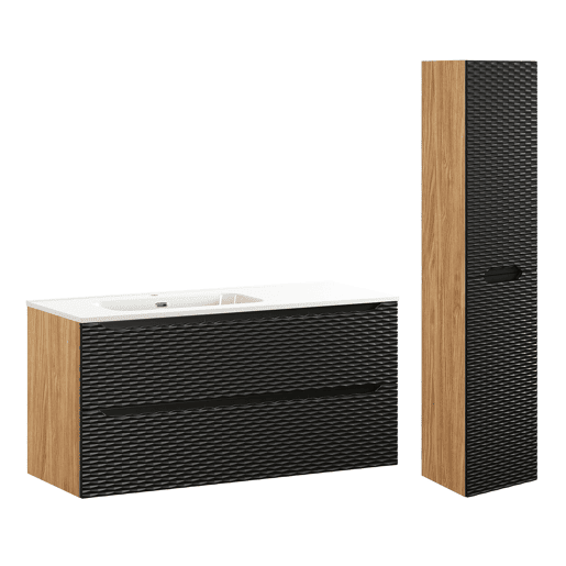 Conjunto móvel lavatório simples encastrado esquerdo 120cm 2 gavetas e coluna Elora Preto e madeira