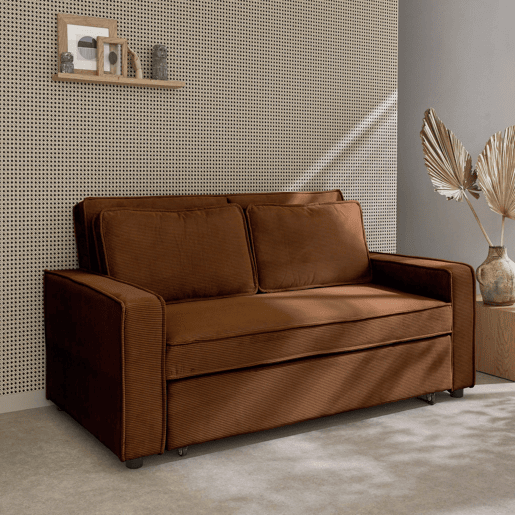 Sofá-cama conversível em veludo caneladode 3 lugares, Chill veludo canelado, Castanho, 172.5x91.5x88.5 cm