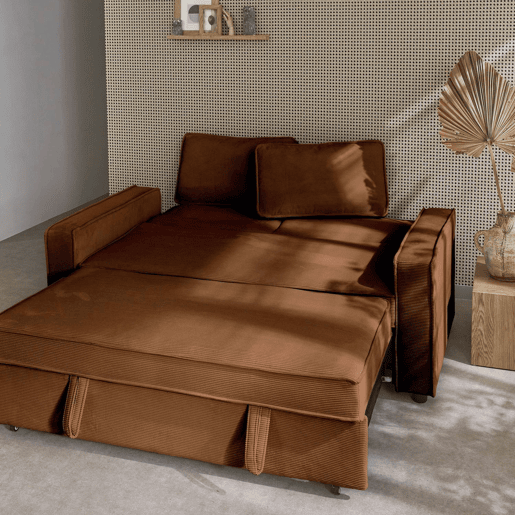 Sofá-cama conversível em veludo caneladode 3 lugares, Chill veludo canelado, Castanho, 172.5x91.5x88.5 cm