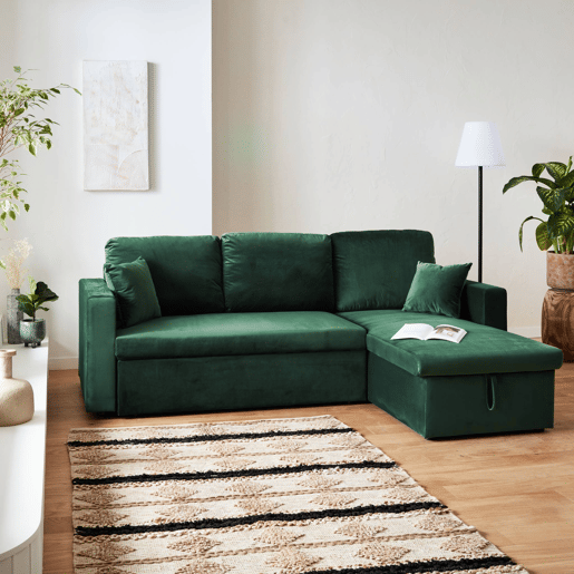 Sofá-cama de canto conversível em veludo de 3 lugares, Ida veludo, Verde inglês, 219x147x68 cm