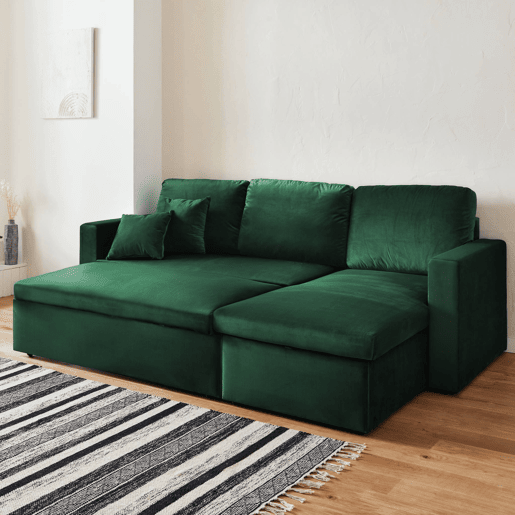 Sofá-cama de canto conversível em veludo de 3 lugares, Ida veludo, Verde inglês, 219x147x68 cm