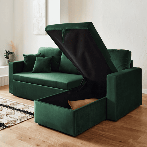 Sofá-cama de canto conversível em veludo de 3 lugares, Ida veludo, Verde inglês, 219x147x68 cm