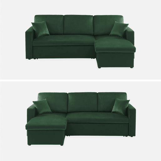 Sofá-cama de canto conversível em veludo de 3 lugares, Ida veludo, Verde inglês, 219x147x68 cm