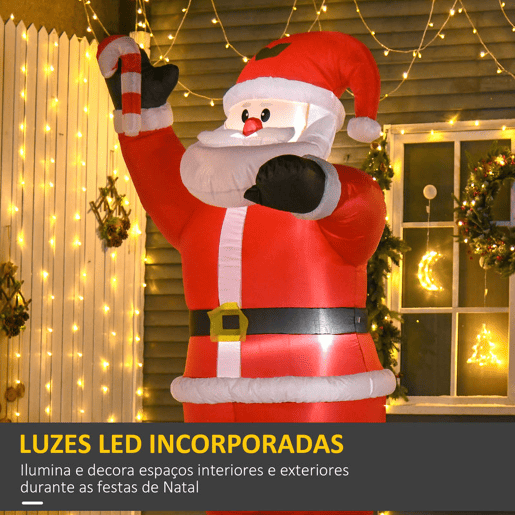 HOMCOM Pai Natal Insuflável 240 cm Pai Natal Insuflável com Bengala Luzes LED e Insuflador Elétrico Decoração de Natal para Exterior e Interior Multicor HOMCOM Pai Natal Insuflável 240 cm Pai Natal Insuflável com Bengala Luzes LED e Insuflador Elétrico Decoração de Natal para Exterior e Interior Multicor
