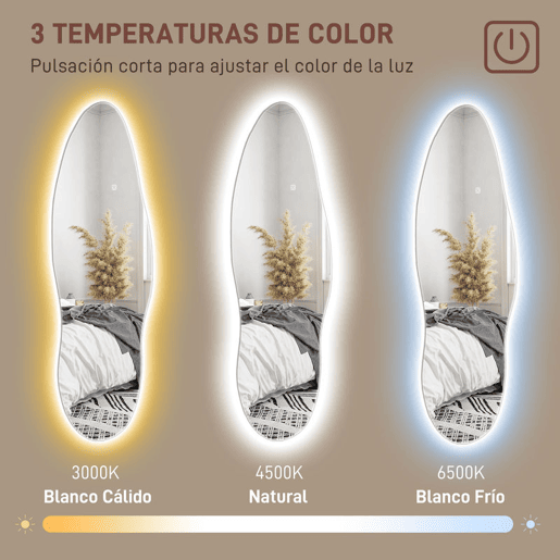 HOMCOM Espelho de Pé com Luzes LED 40x120 cm Espelho de Parede sem Moldura com Iluminação em 3 Cores Função de Memória e Controlo Tátil Transparente