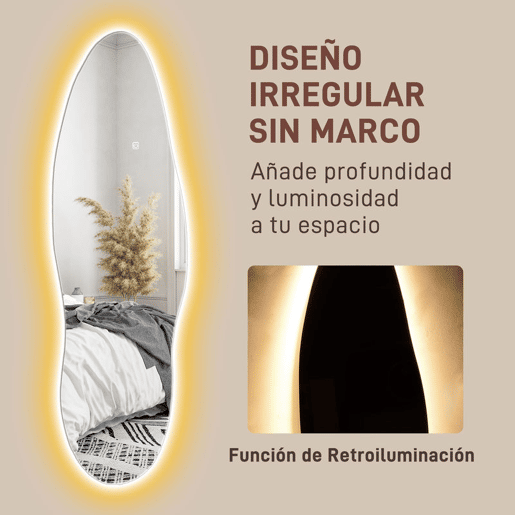 HOMCOM Espelho de Pé com Luzes LED 40x120 cm Espelho de Parede sem Moldura com Iluminação em 3 Cores Função de Memória e Controlo Tátil Transparente