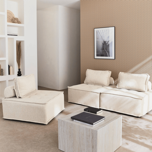 Sofá modular em tecido estofado de 3 lugares, Dao, Creme, 90x90x40 cm