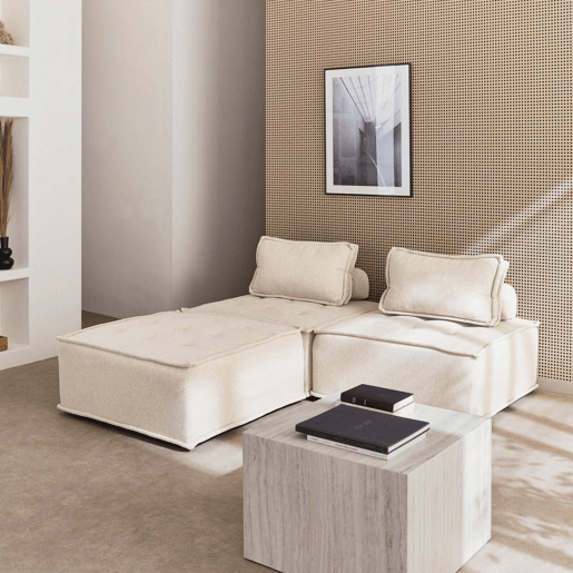 Sofá modular em tecido estofado de 3 lugares, Dao, Creme, 90x90x40 cm