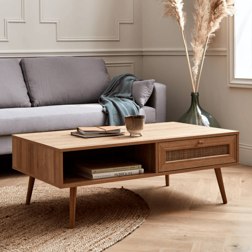 Mesa de centro escandinava em vime de 1 gaveta, Boheme, Natural, 110x59x39 cm