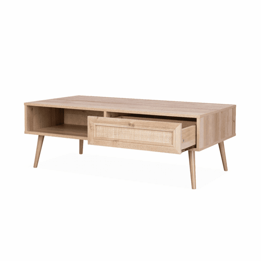 Mesa de centro escandinava em vime de 1 gaveta, Boheme, Natural, 110x59x39 cm